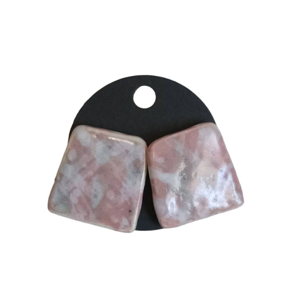 Hand Crafted Pink White Trapezoid Shaped Stone Ceramic Oversized Stud Earrings